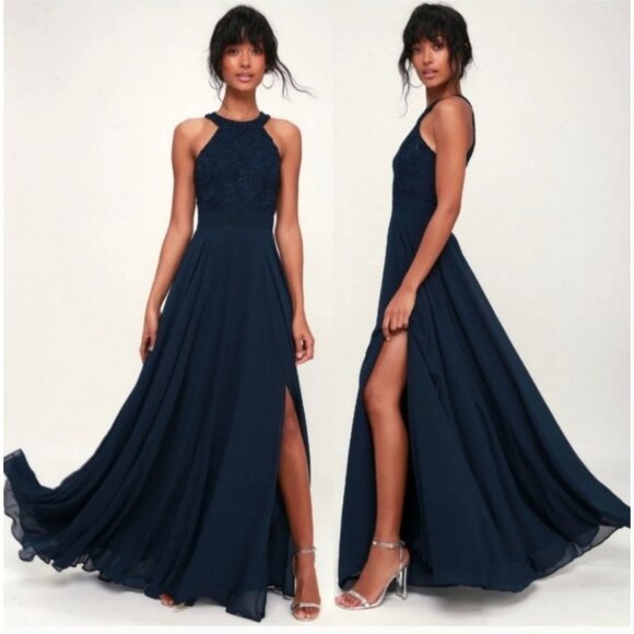 Lulus Crochet Halter Lace Maxi Dress Wedding Prom Formal Size Small Navy Blue - Picture 2 of 9